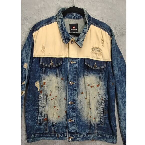Southpole Vintage Premium Denim Paint Splatter Distressed Blue Wash Jacket - Picture 9 of 9